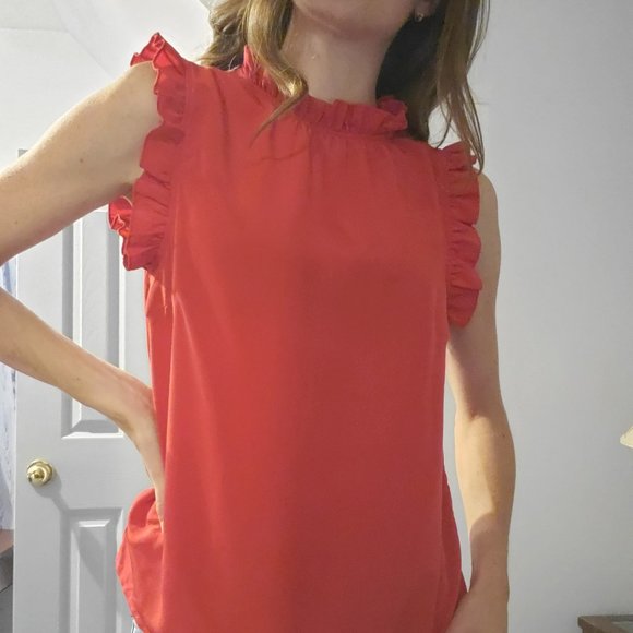 Hot Red Urban Heritage Frill Neck + Sleeve Blouse - Picture 1 of 4